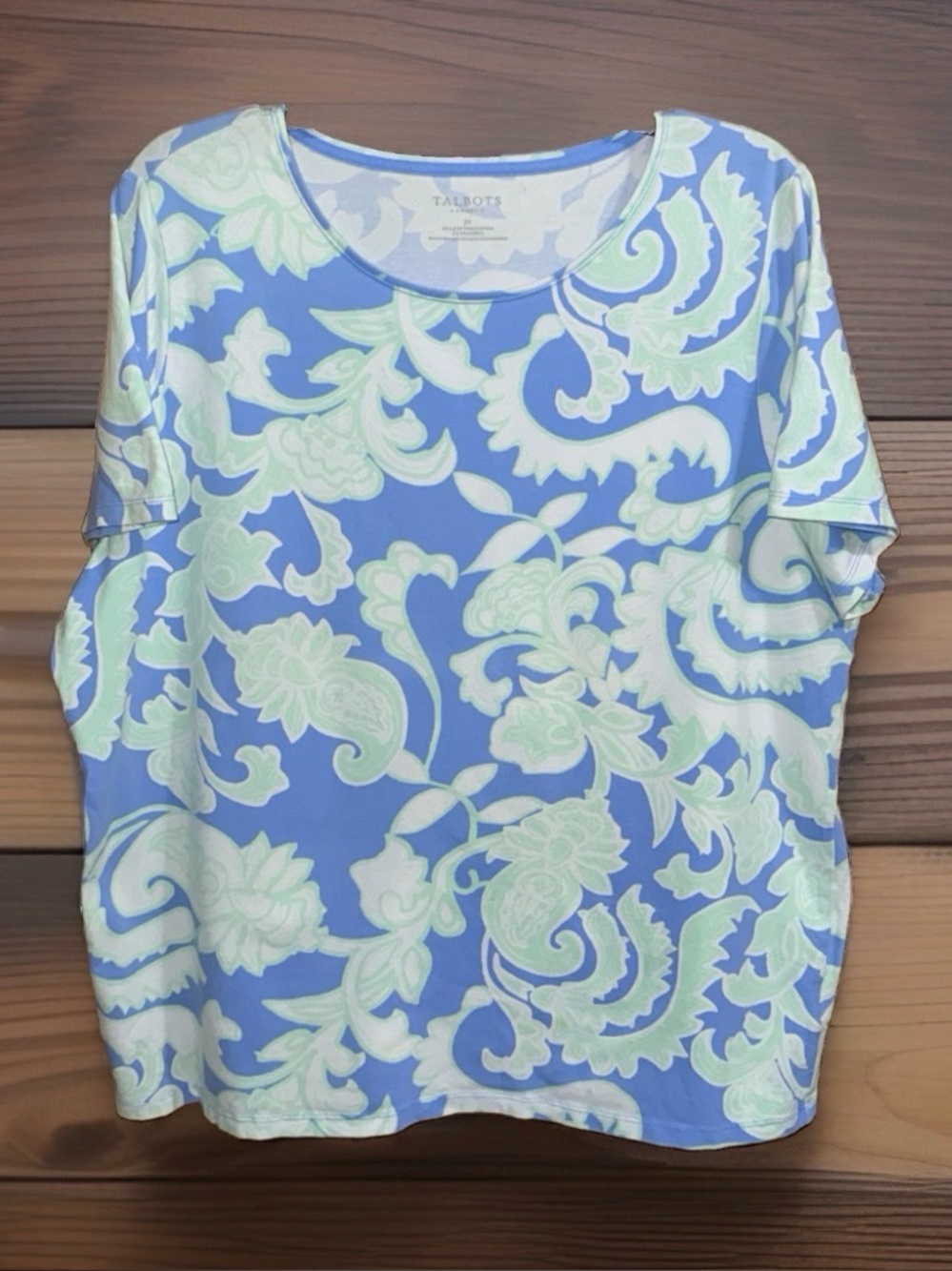 Talbots Plus Blue Floral Short-Sleeve Scoop Neck Knit Top-2X-GC